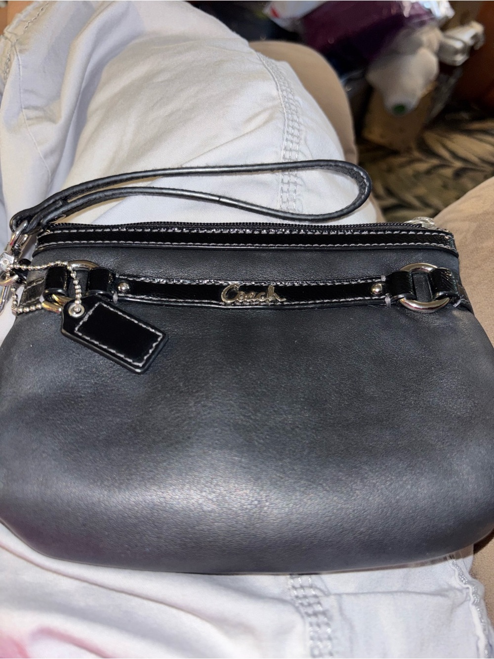 Coach Black Leather Wristlet Clutch with Silver Hardware